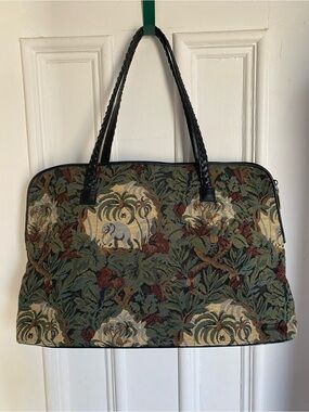 Vintage Tapestry Jungle Print Bag with Braided Black Handles
